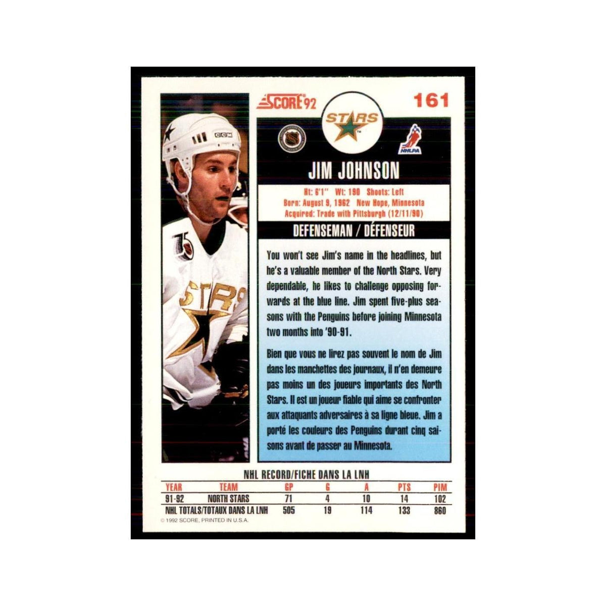 1992 Score Canadian Jim Johnson Minnesota North Stars #161