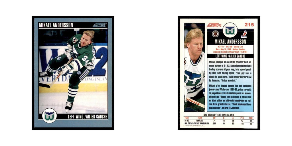 1992 Score Canadian Mikael Andersson Hartford Whalers #215