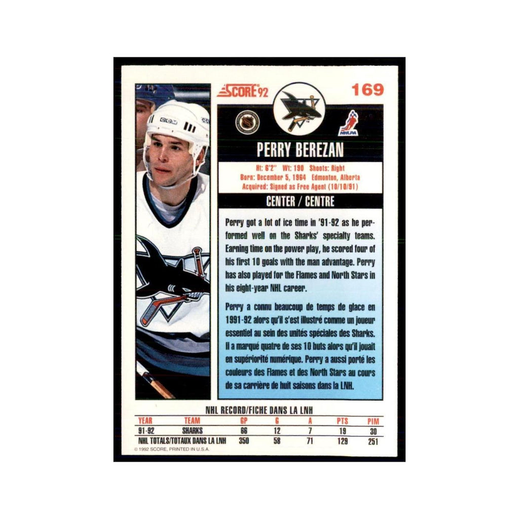 1992 Score Canadian Perry Berezan San Jose Sharks #169