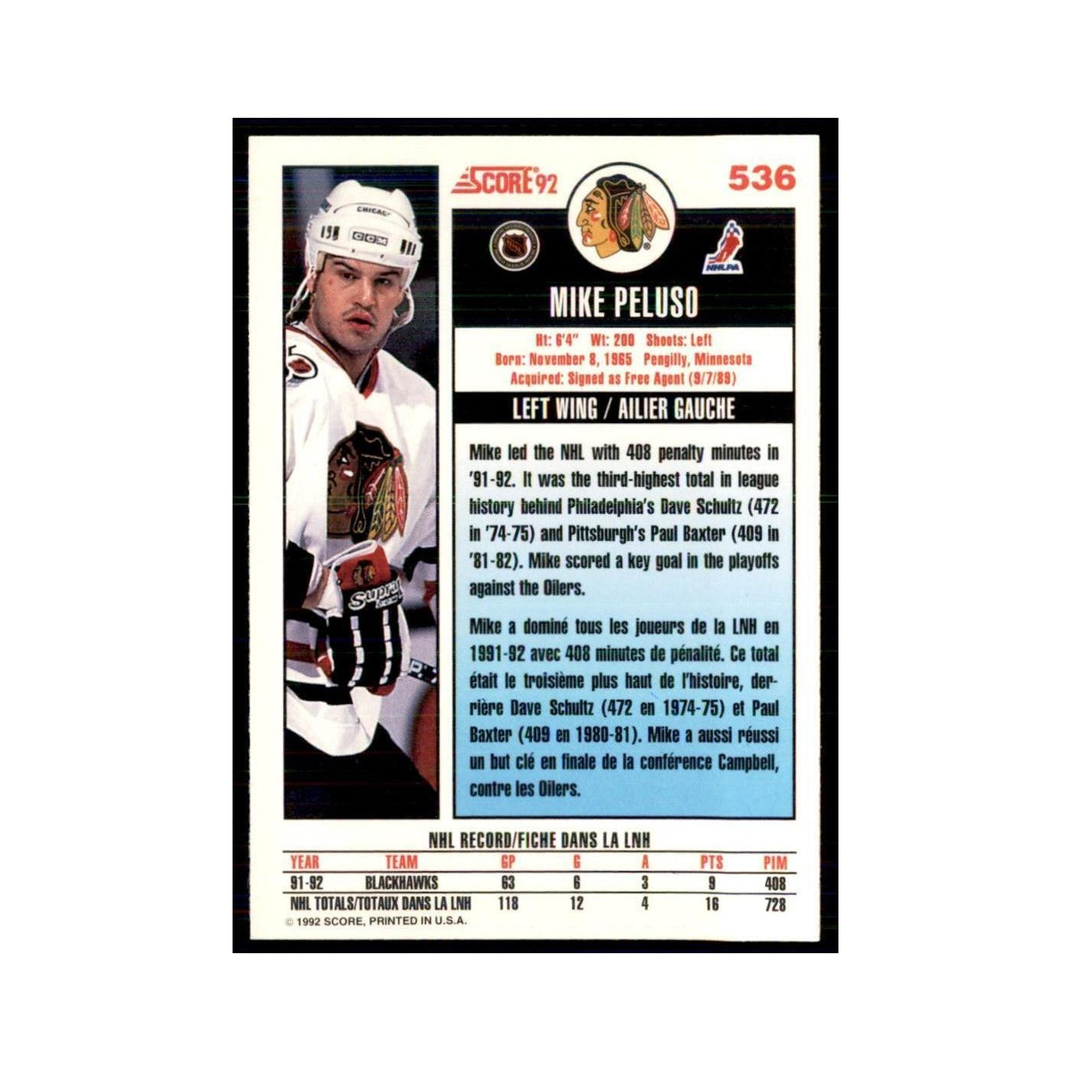 1992 Score Canadian Mike Peluso Chicago Blackhawks #536