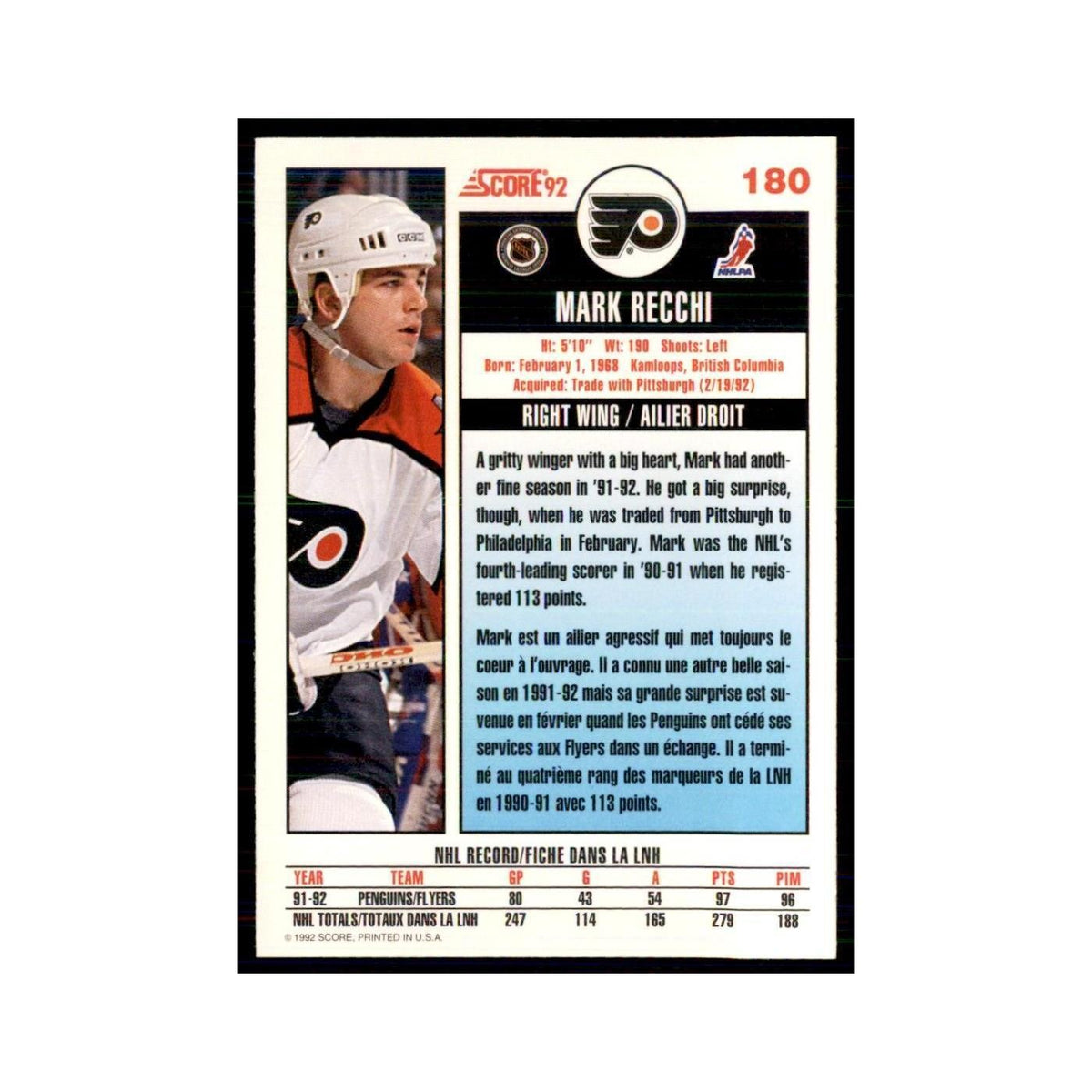 1992 Score Canadian Mark Recchi Philadelphia Flyers #180