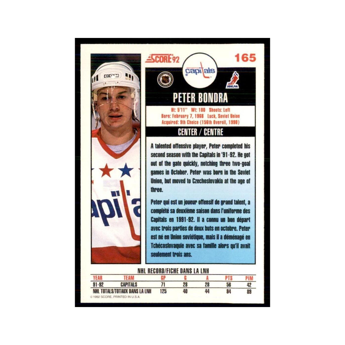 1992 Score Canadian Peter Bondra Washington Capitals #165