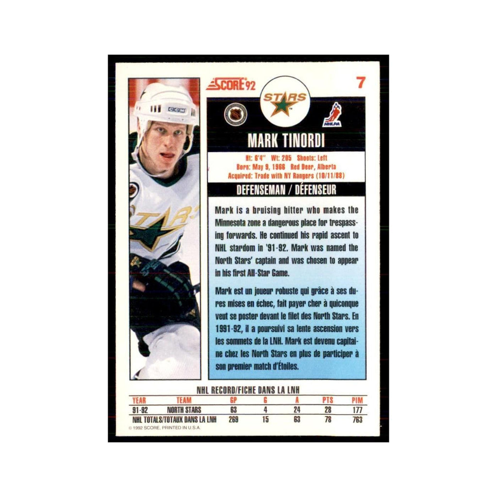 1992 Score Canadian Mark Tinordi Minnesota North Stars #7