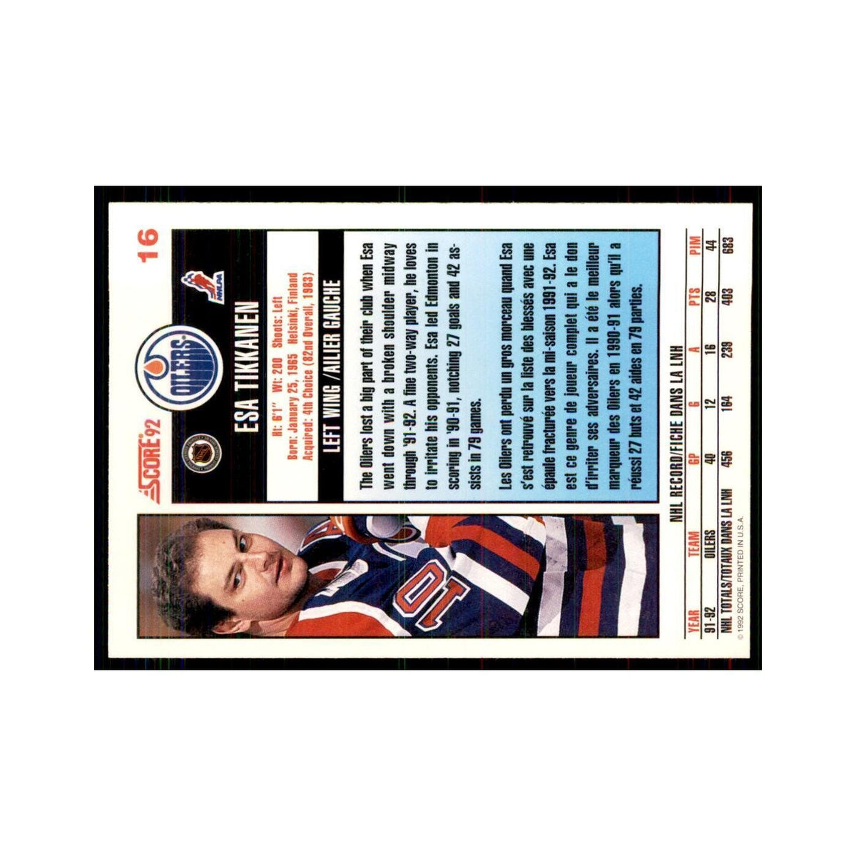 1992 Score Canadian Esa Tikkanen Edmonton Oilers #16