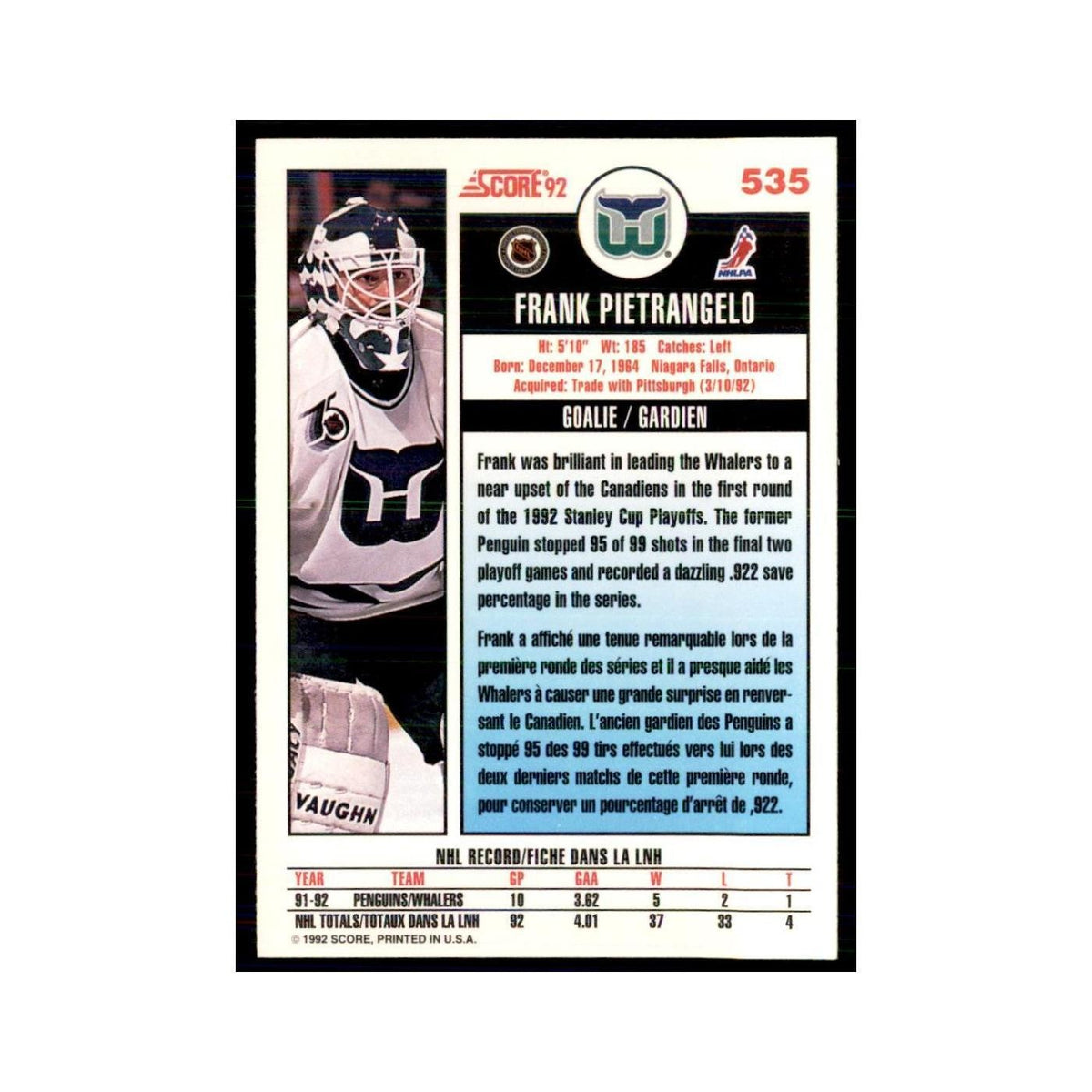 1992 Score Canadian Frank Pietrangelo Hartford Whalers #535