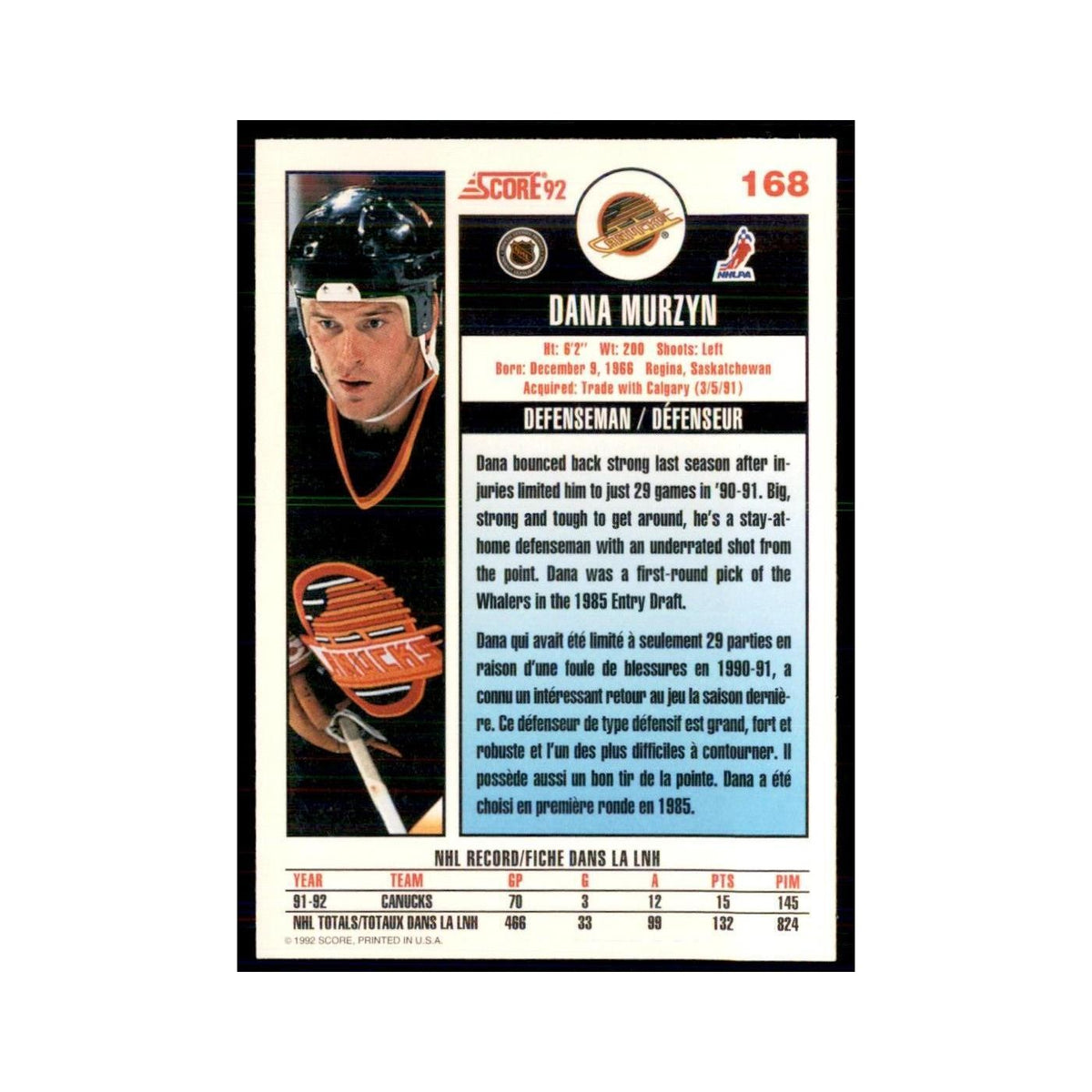 1992 Score Canadian Dana Murzyn Vancouver Canucks #168