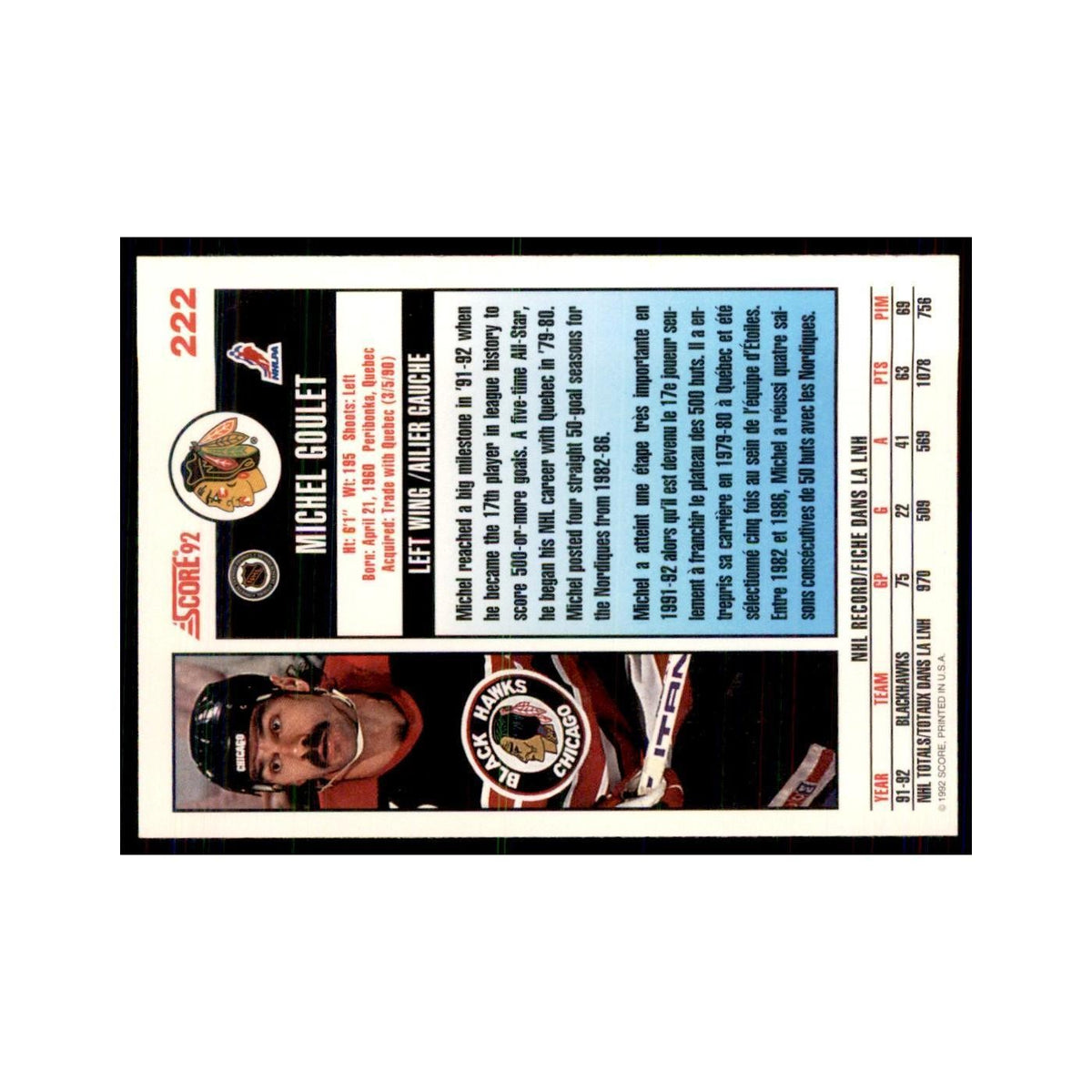 1992 Score Canadian Michel Goulet Chicago Blackhawks #222