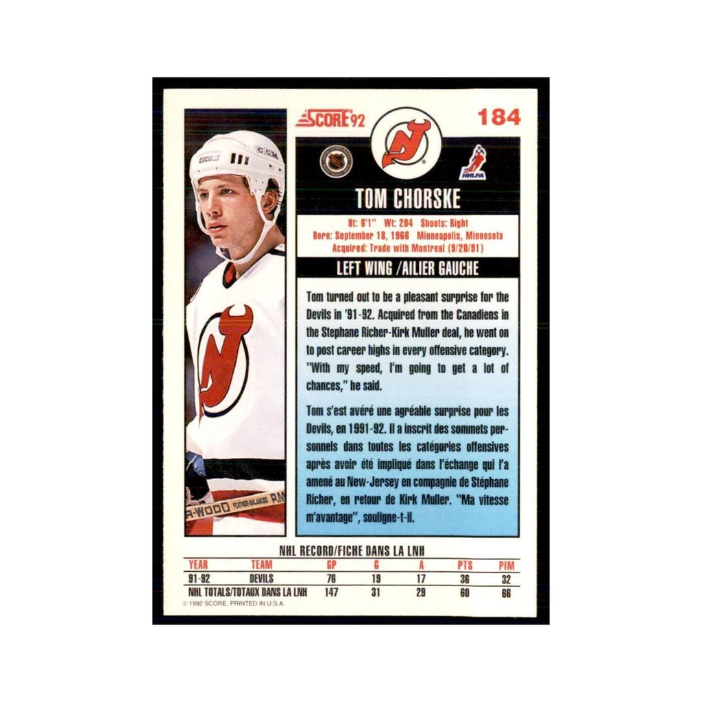 1992 Score Canadian Tom Chorske New Jersey Devils #184