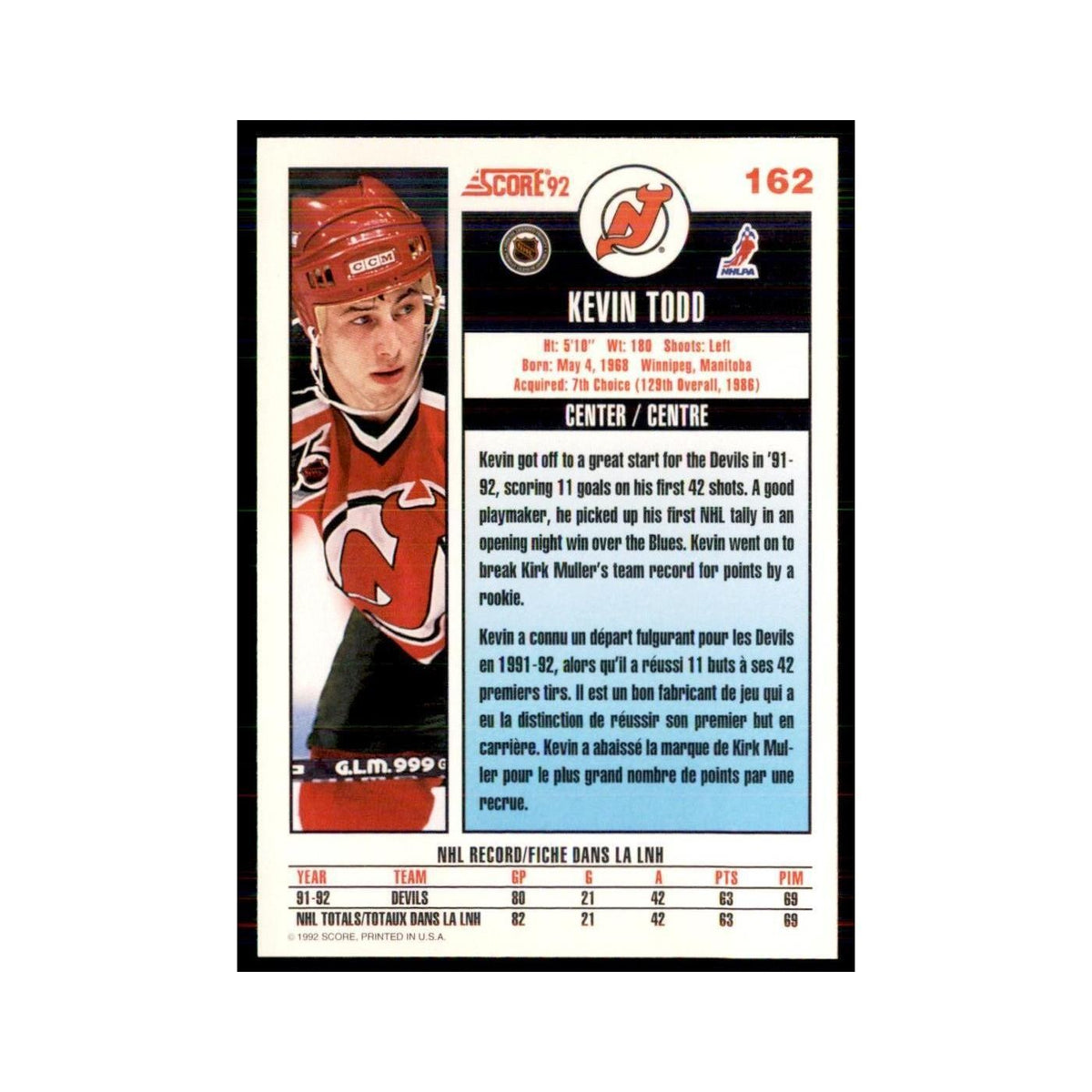 1992 Score Canadian Kevin Todd New Jersey Devils #162