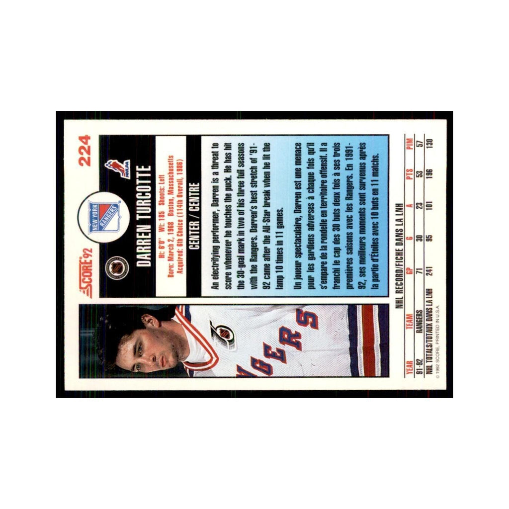1992 Score Canadian Darren Turcotte New York Rangers #224