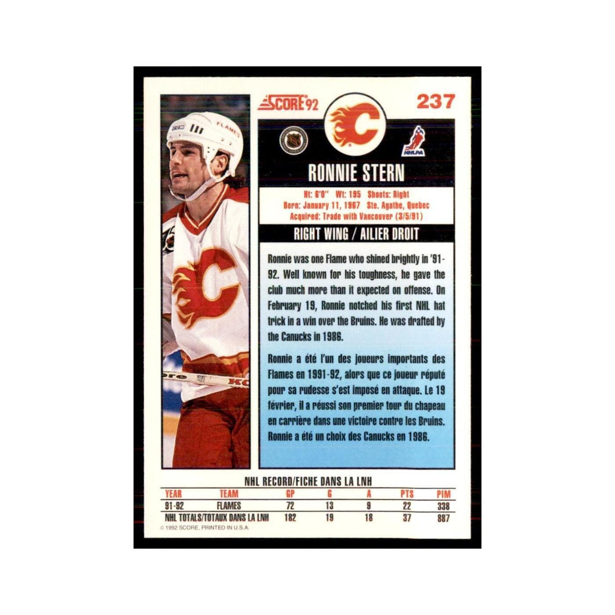 1992 Score Canadian Ronnie Stern Calgary Flames #237