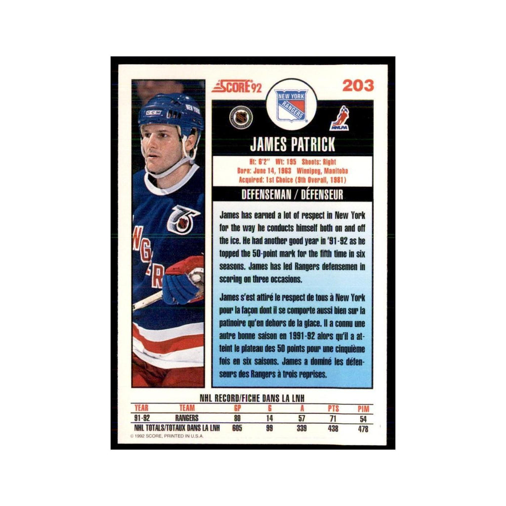 1992 Score Canadian James Patrick New York Rangers #203
