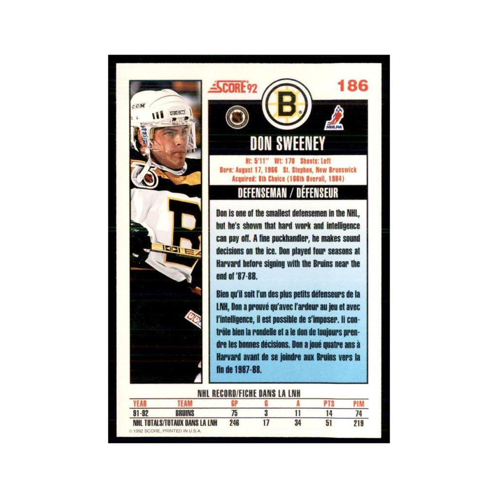 1992 Score Canadian Don Sweeney Boston Bruins #186