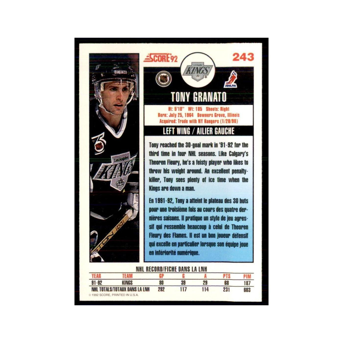1992 Score Canadian Tony Granato Los Angeles Kings #243