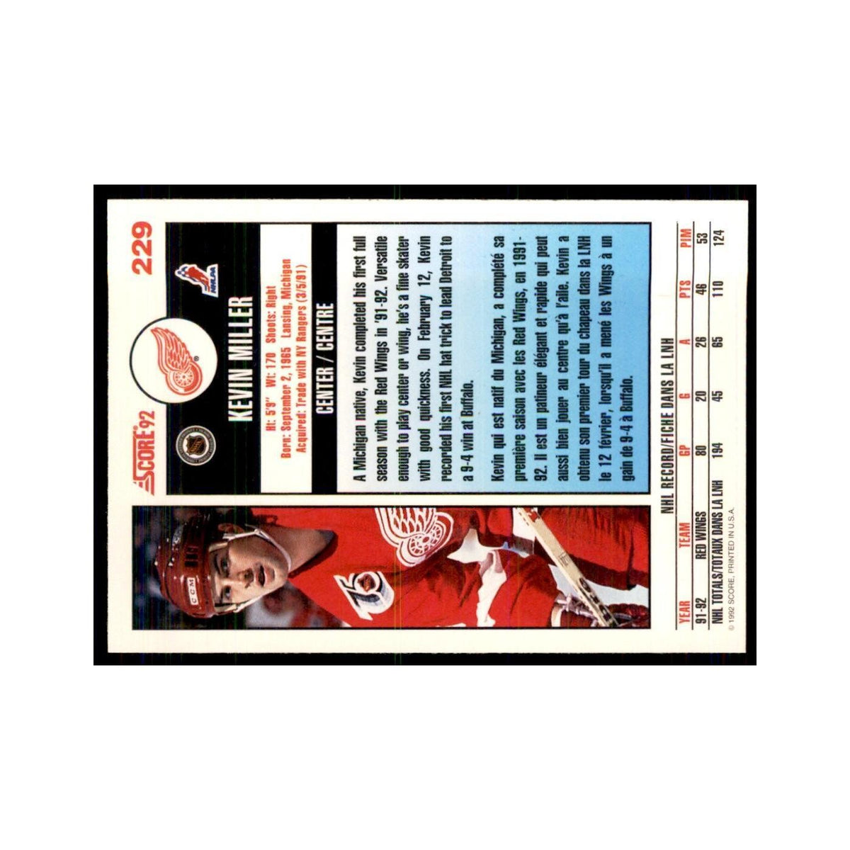 1992 Score Canadian Kevin Miller Detroit Red Wings #229