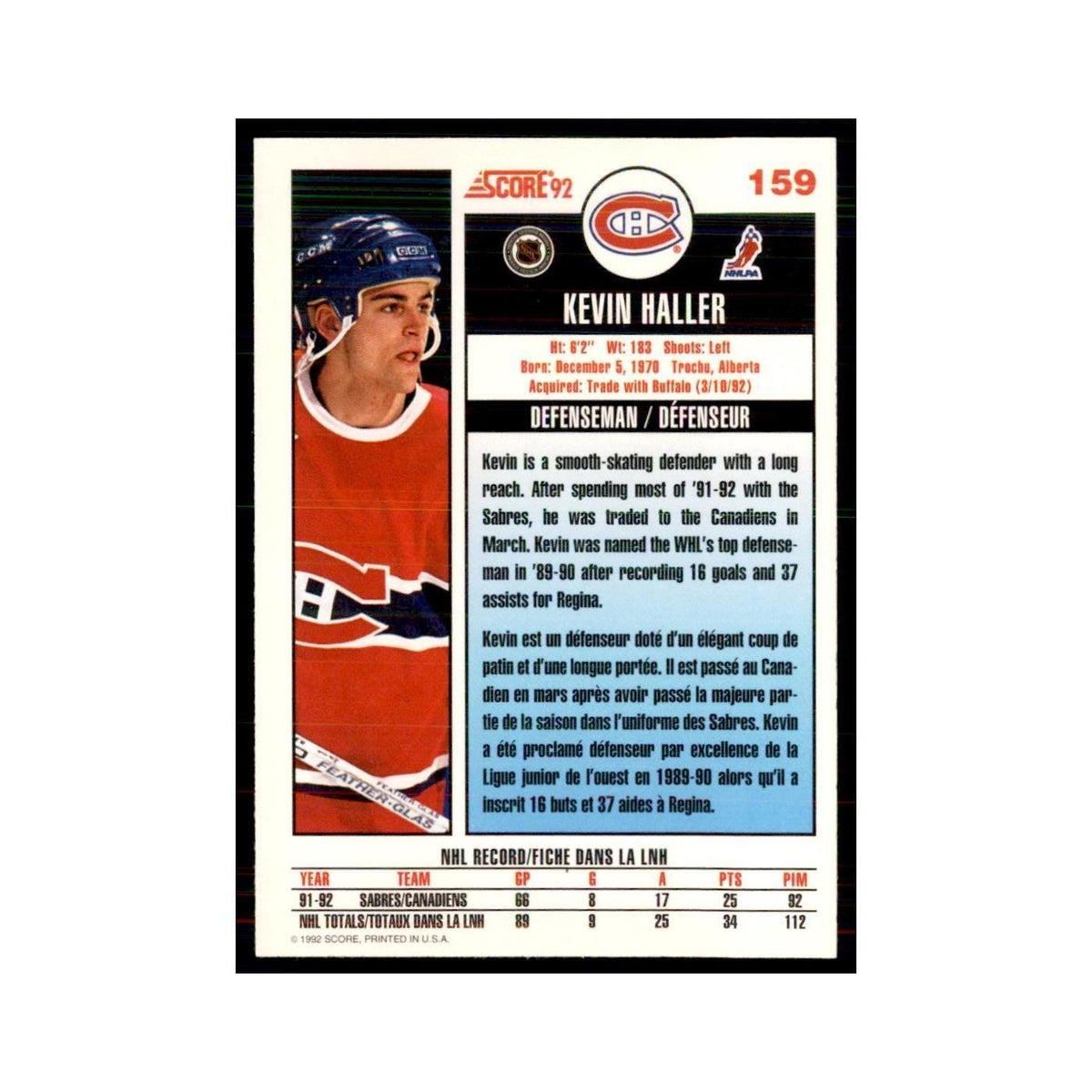 1992 Score Canadian Kevin Haller Montreal Canadiens #159
