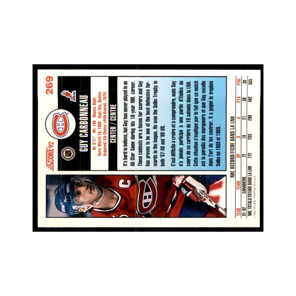 1992 Score Canadian Guy Carbonneau Montreal Canadiens #269
