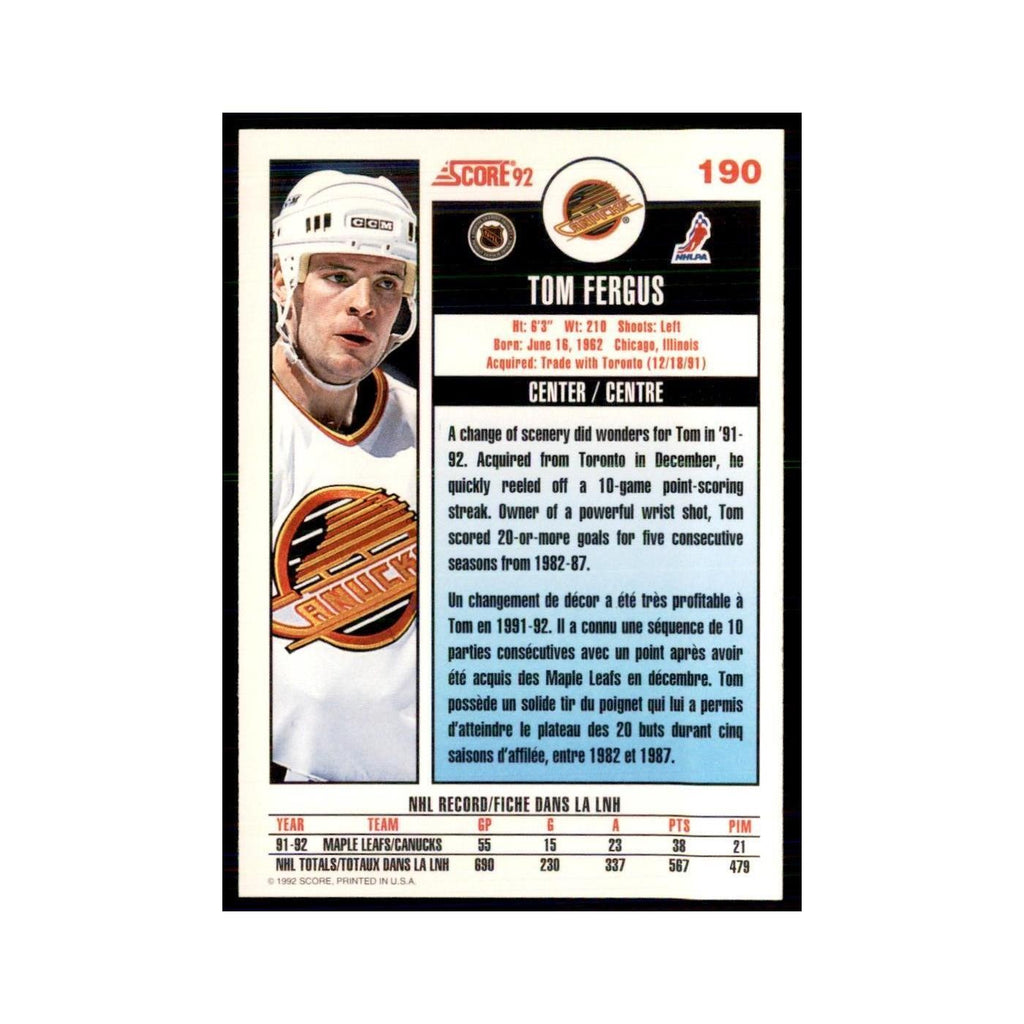 1992 Score Canadian Tom Fergus Vancouver Canucks #190