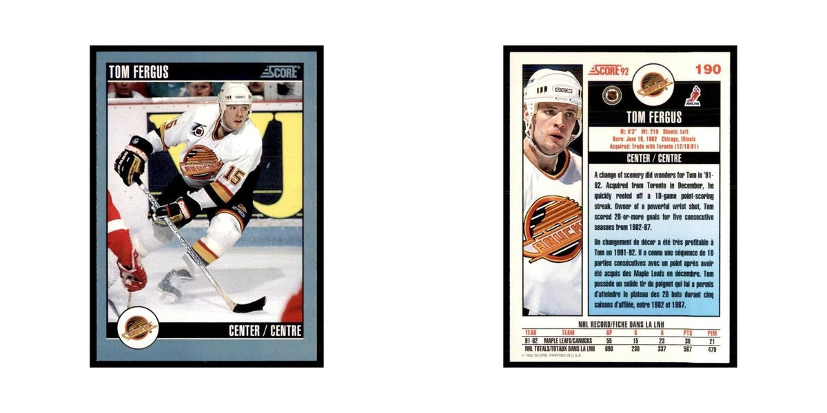 1992 Score Canadian Tom Fergus Vancouver Canucks #190