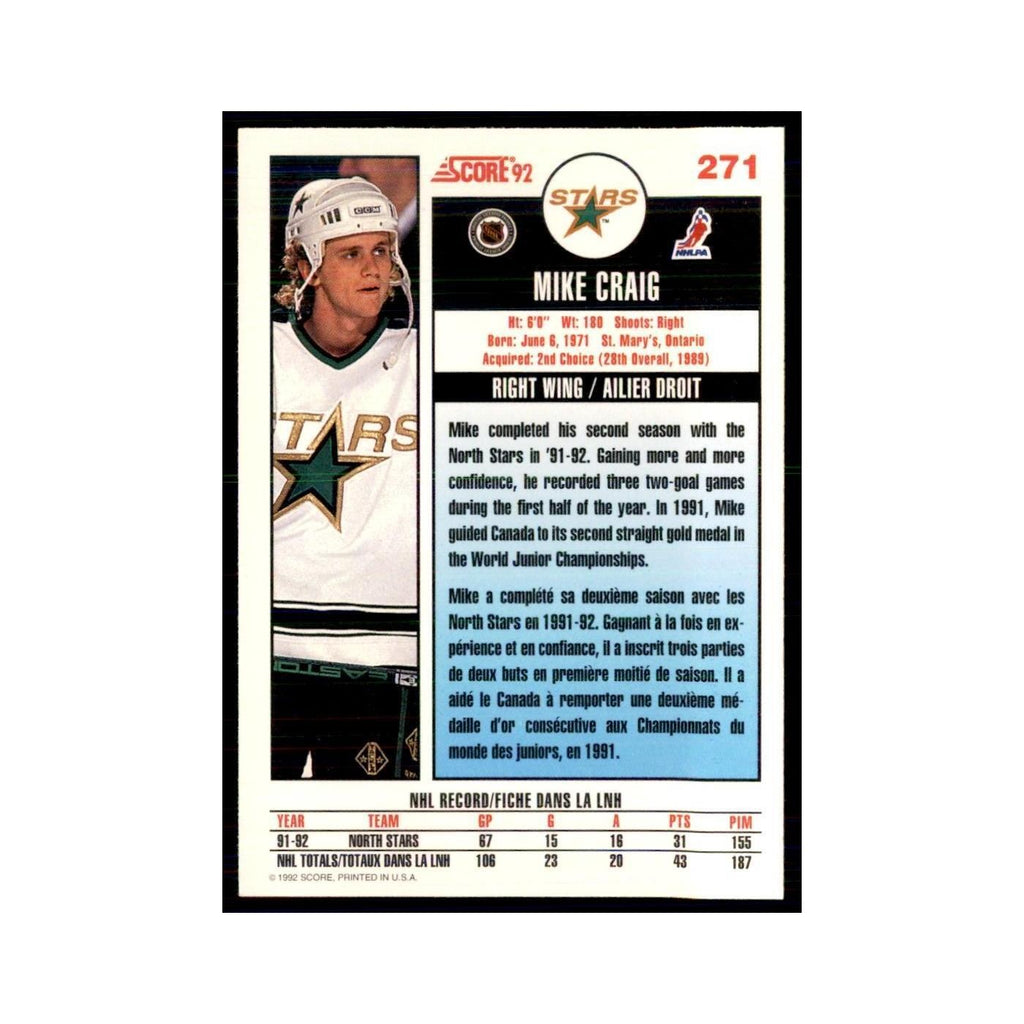 1992 Score Canadian Mike Craig Minnesota North Stars #271