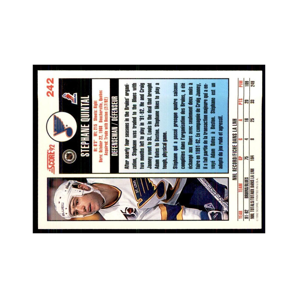 1992 Score Canadian Stephane Quintal St. Louis Blues #242