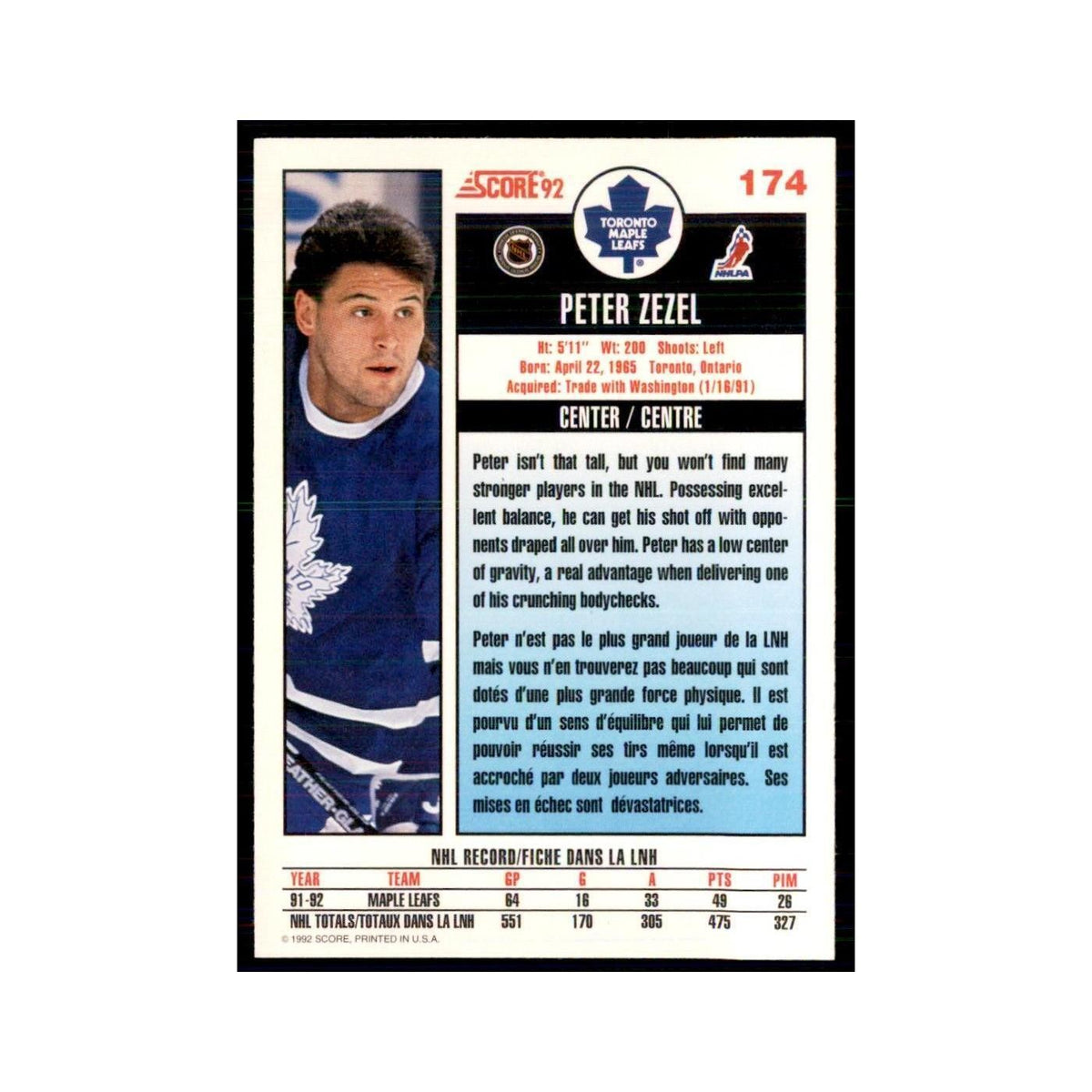 1992 Score Canadian Peter Zezel Toronto Maple Leafs #174