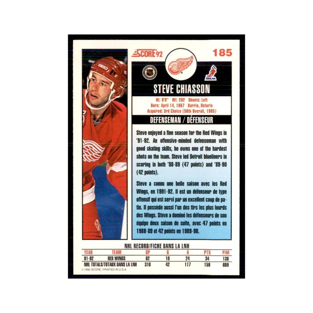 1992 Score Canadian Steve Chiasson Detroit Red Wings #185