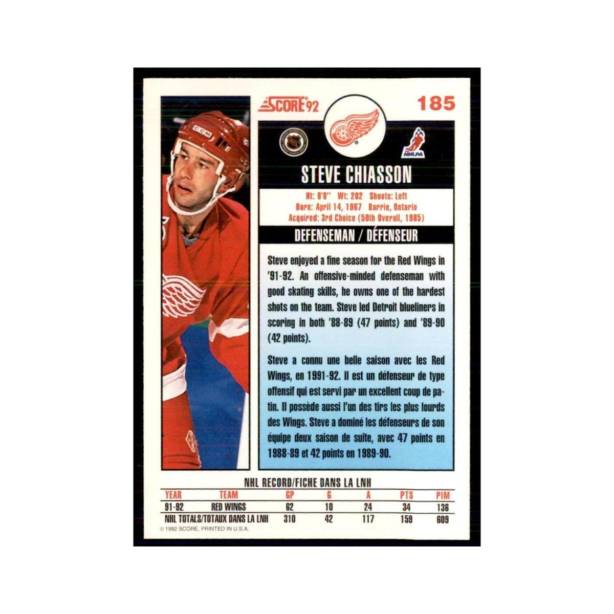 1992 Score Canadian Steve Chiasson Detroit Red Wings #185