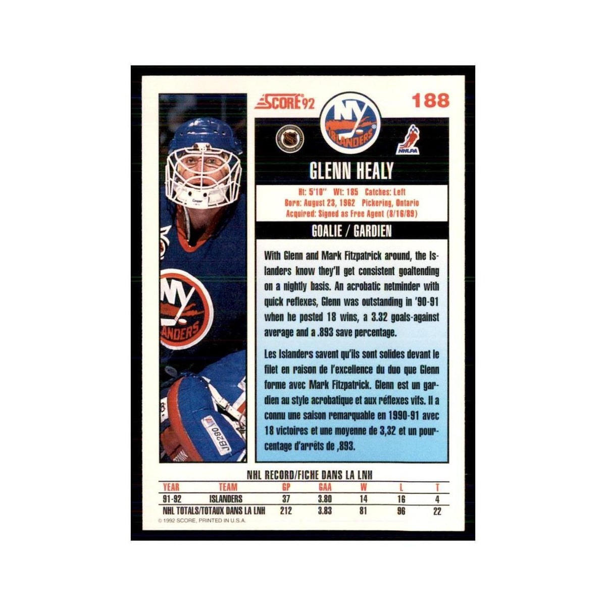 1992 Score Canadian Glenn Healy New York Islanders #188