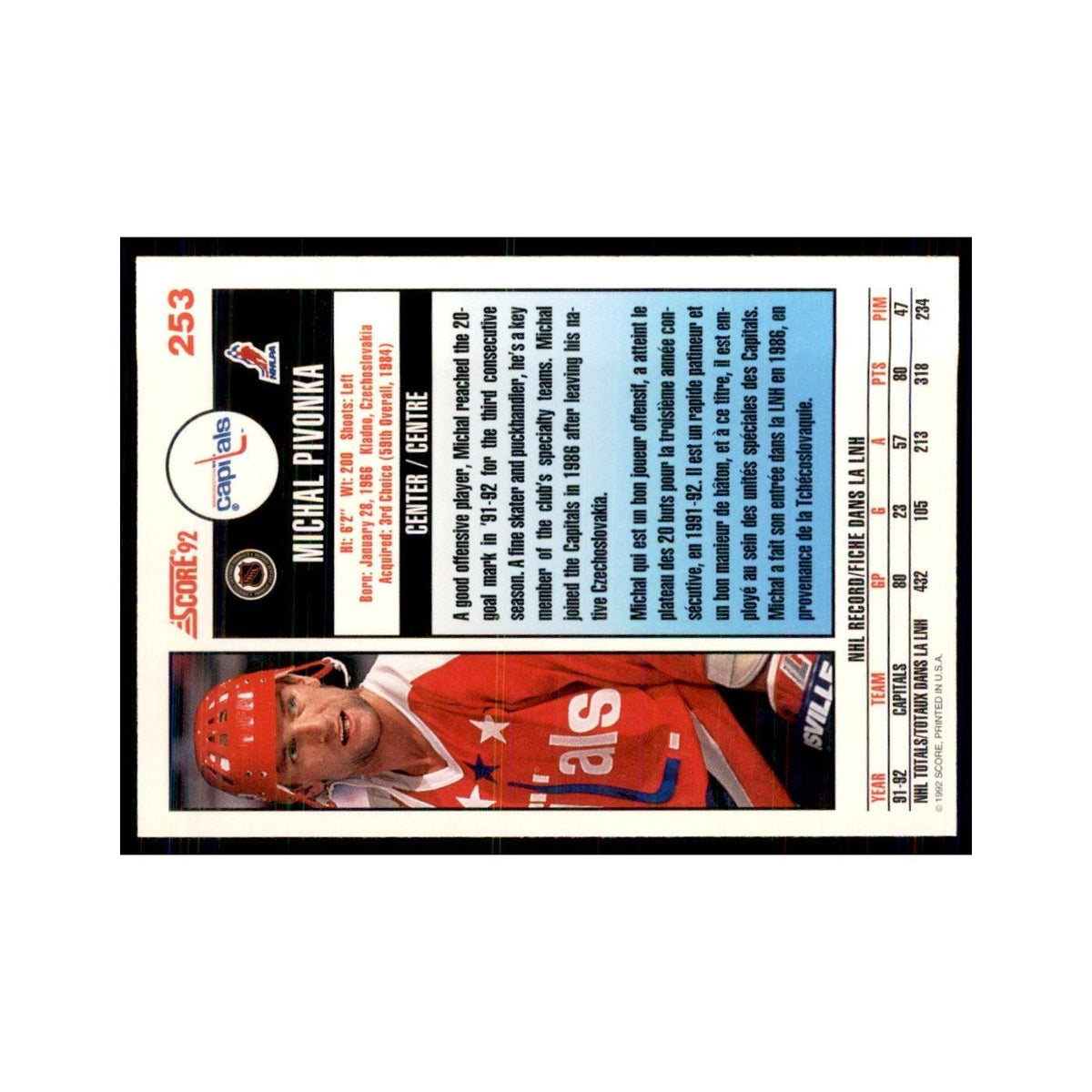 1992 Score Canadian Michal Pivonka Washington Capitals #253