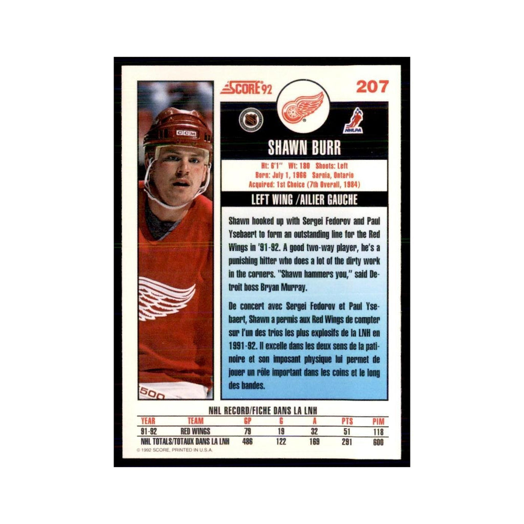 1992 Score Canadian Shawn Burr Detroit Red Wings #207