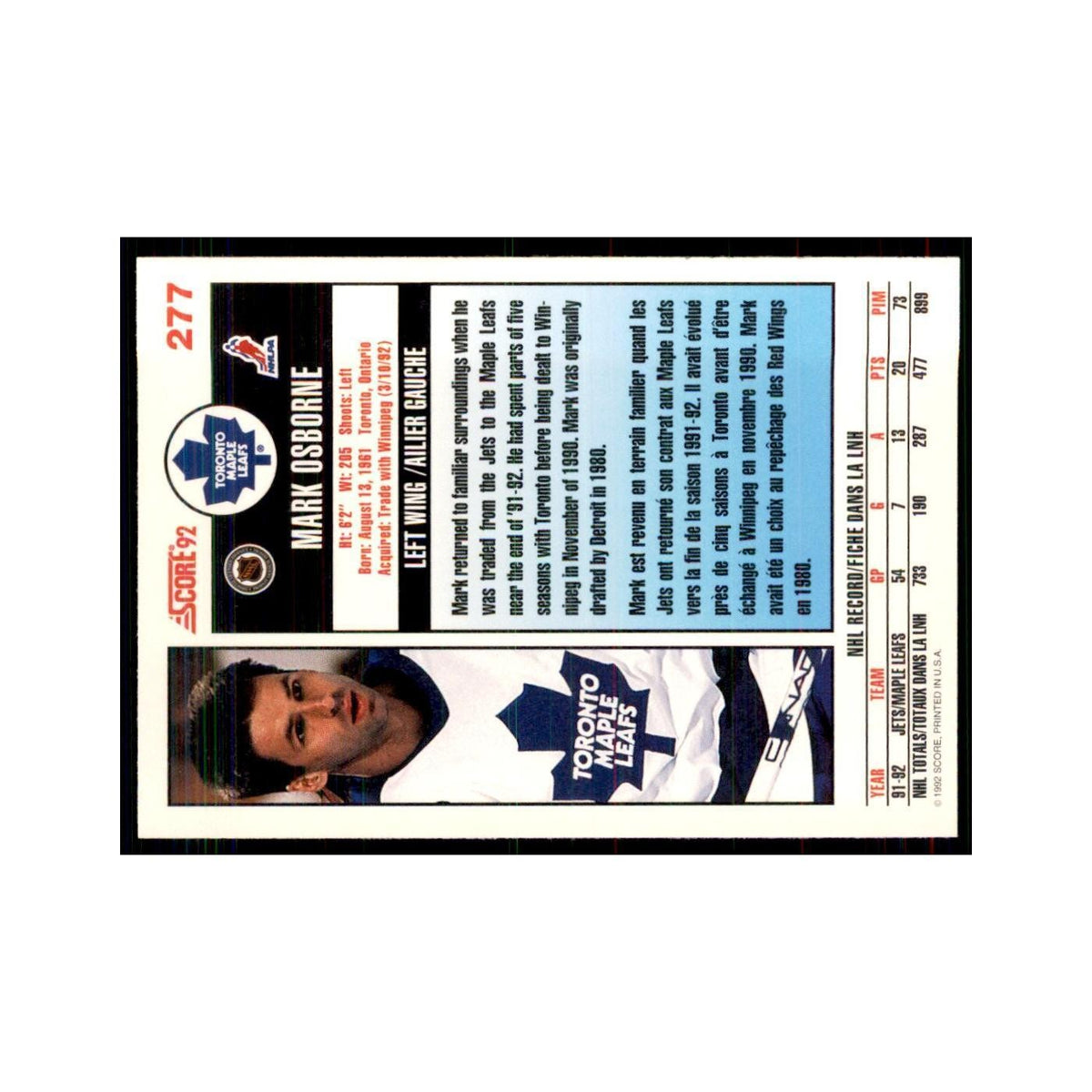 1992 Score Canadian Mark Osborne Toronto Maple Leafs #277