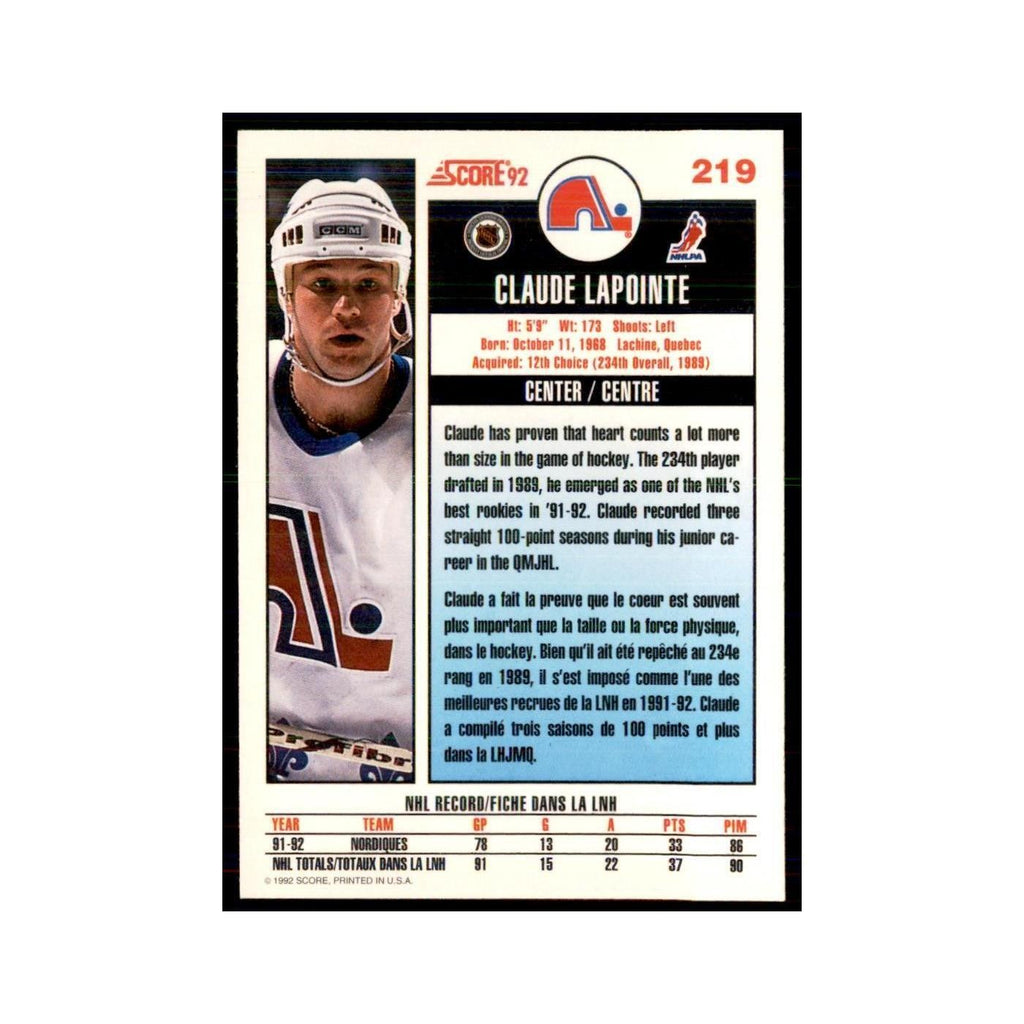1992 Score Canadian Claude Lapointe Quebec Nordiques #219