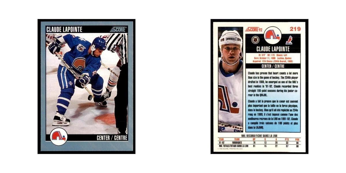 1992 Score Canadian Claude Lapointe Quebec Nordiques #219