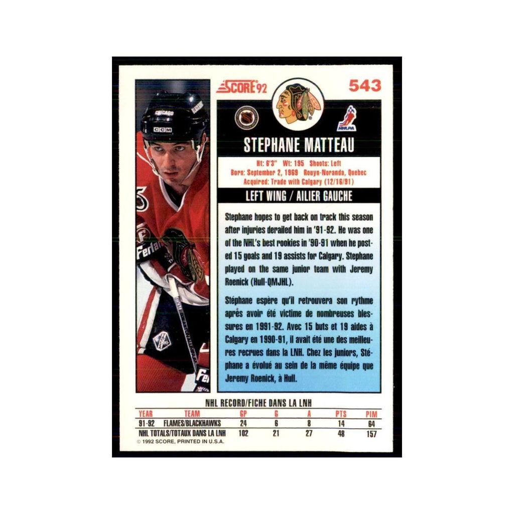 1992 Score Canadian Stephane Matteau Chicago Blackhawks #543