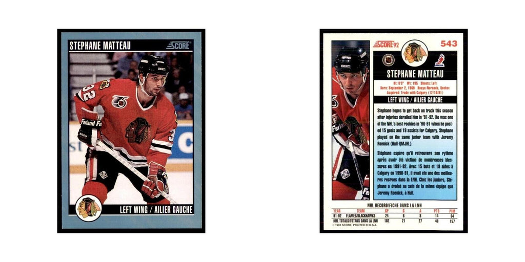 1992 Score Canadian Stephane Matteau Chicago Blackhawks #543