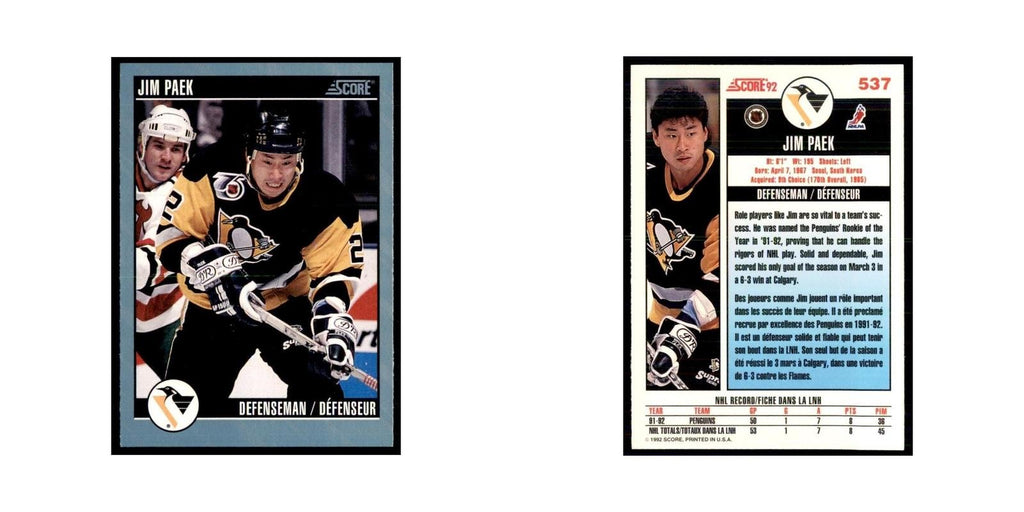 1992 Score Canadian Jim Paek Pittsburgh Penguins #537
