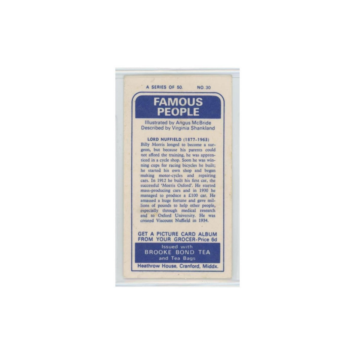 1969 Brooke Bond Famous People Lord Nuffield #30