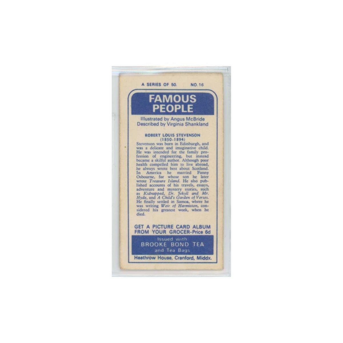1969 Brooke Bond Famous People Robert Louis Stevenson #16