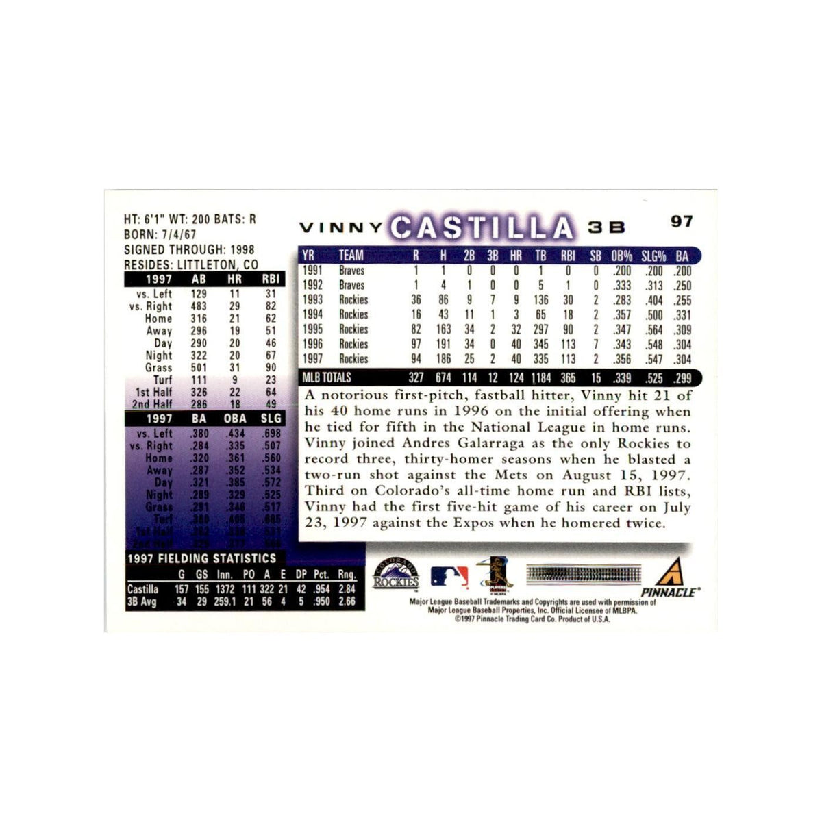 1998 Score Vinny Castilla Baseball Cards #97