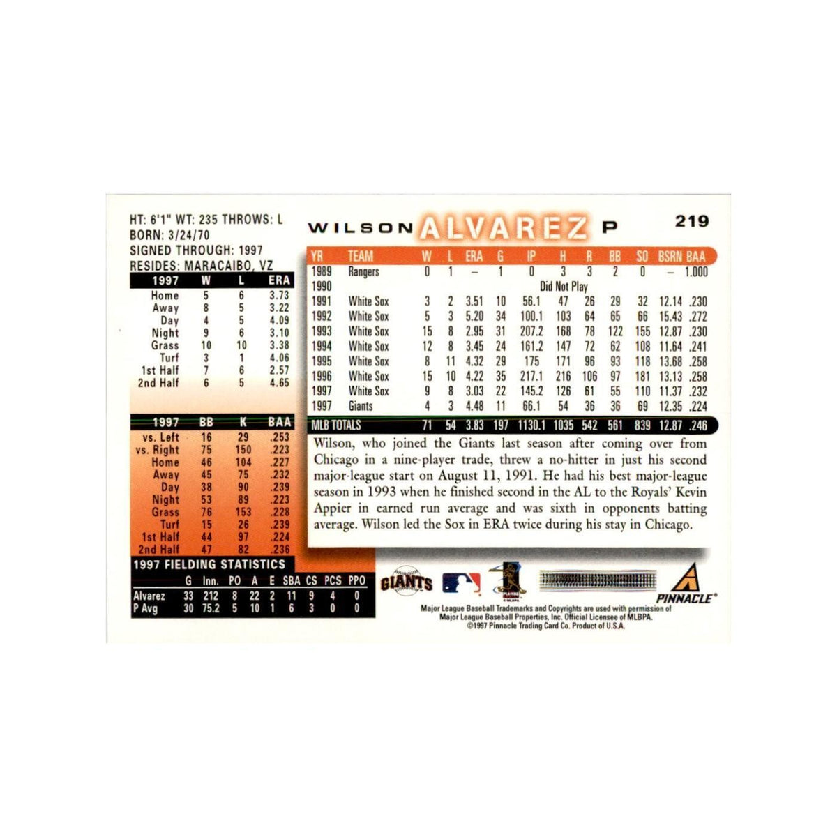 1998 Score Wilson Alvarez Baseball Cards #219