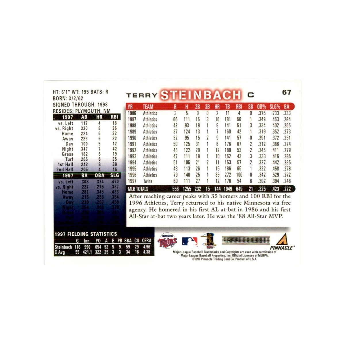 1998 Score Terry Steinbach Baseball Cards #67