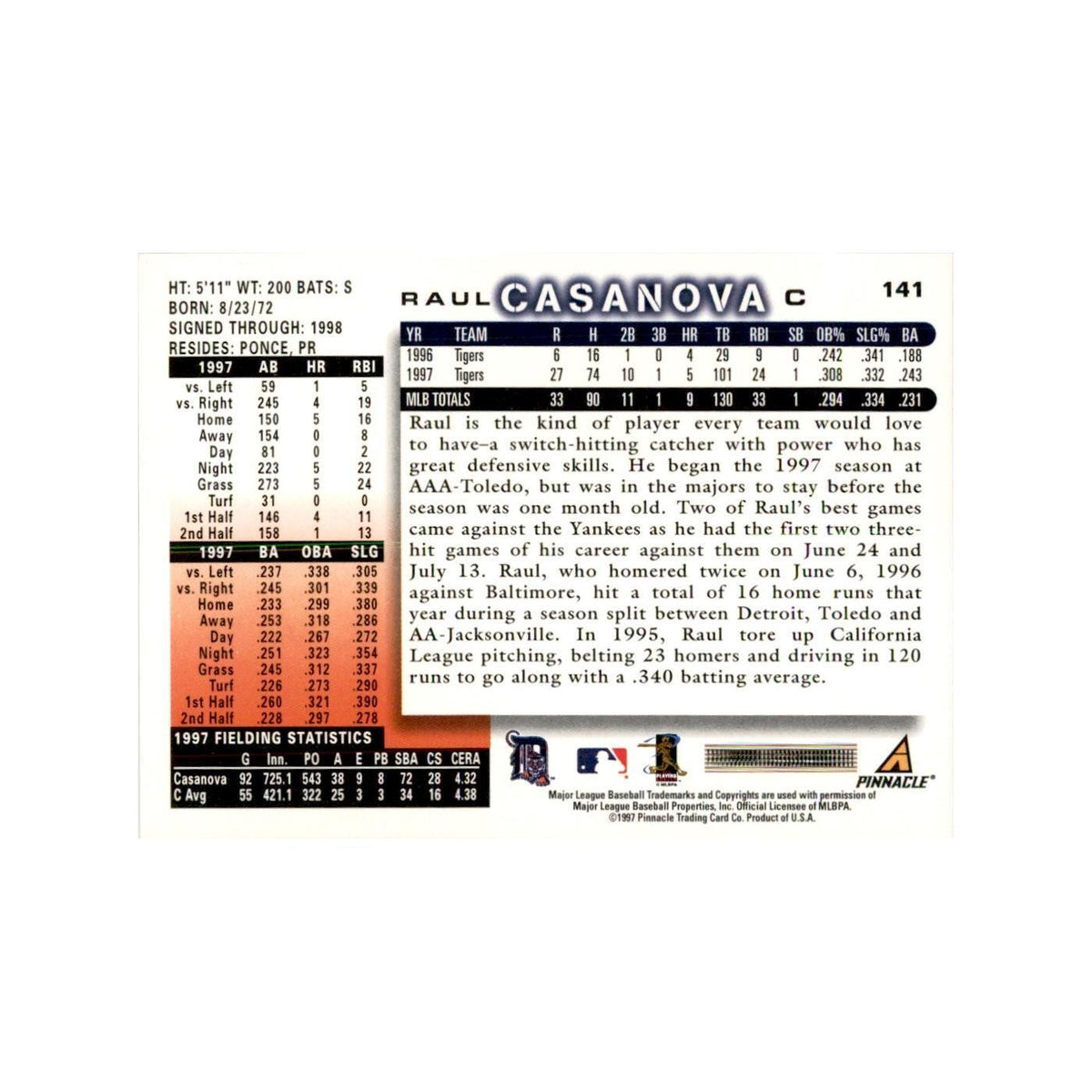 1998 Score Raul Casanova Baseball Cards #141