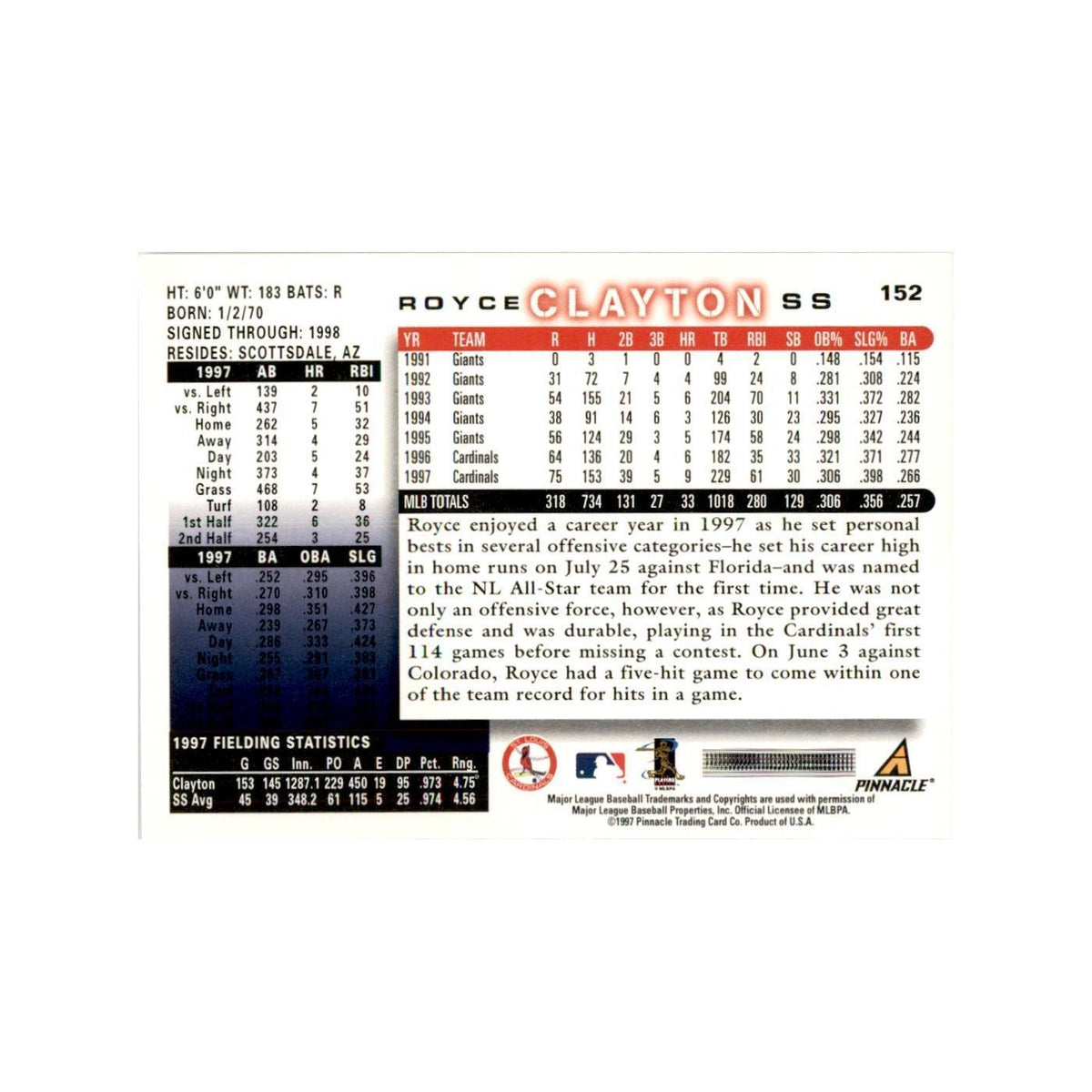 1998 Score Royce Clayton Baseball Cards #152
