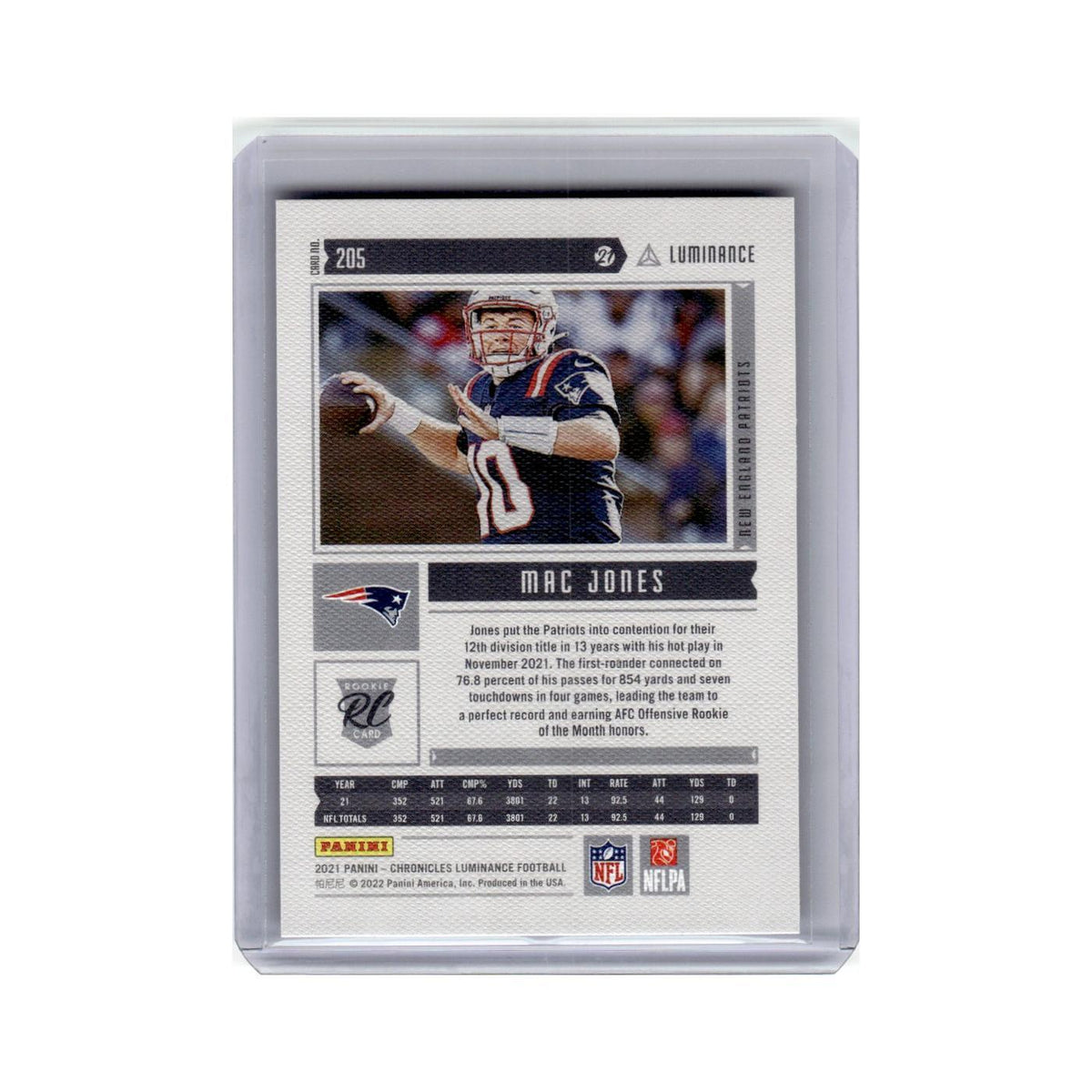 Mac Jones Rookie 2021 Panini Chronicles Luminance #205 New England Patriots NM
