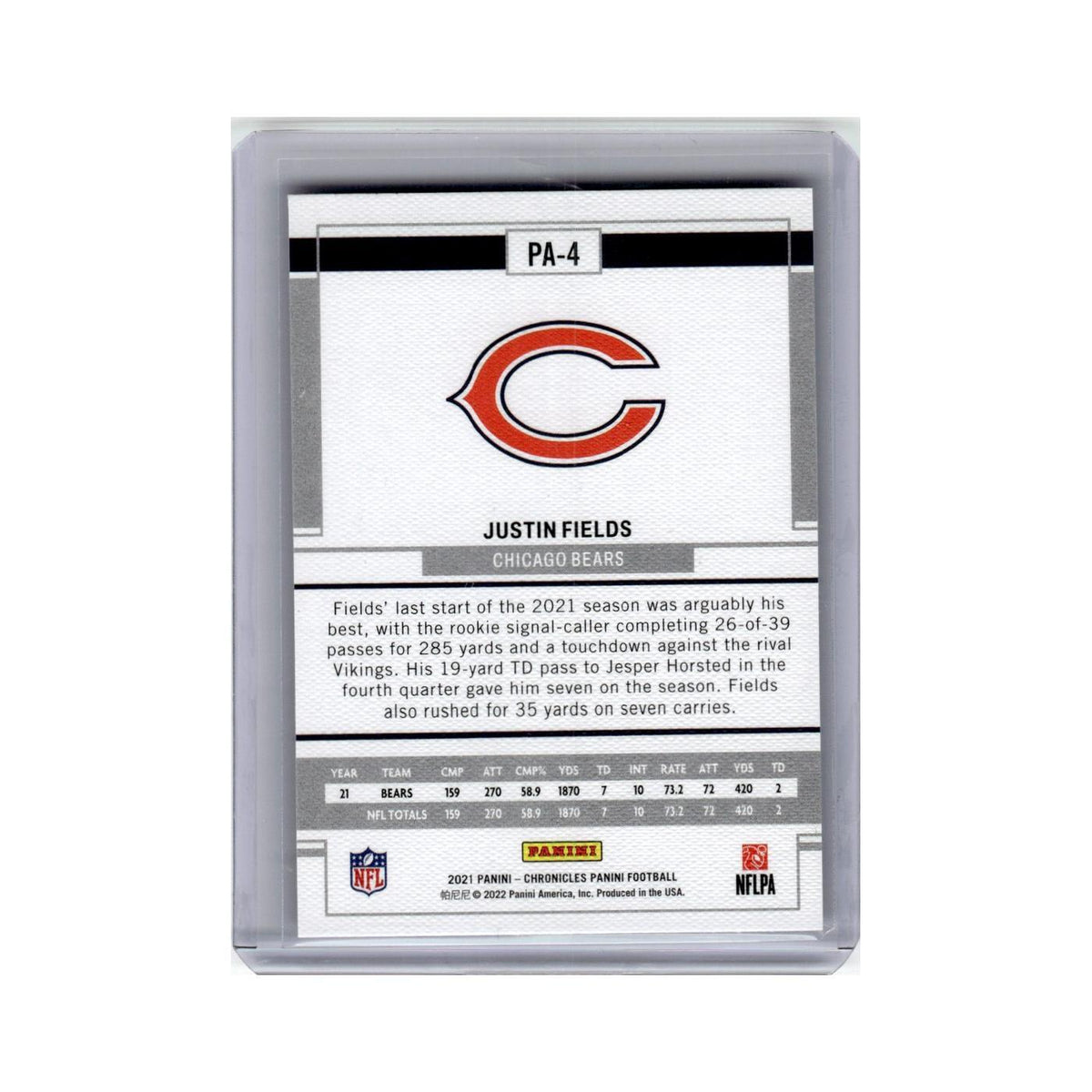 Justin Fields Rookie 2021 Panini Chronicles #PA-4 Chicago Bears Football Card NM