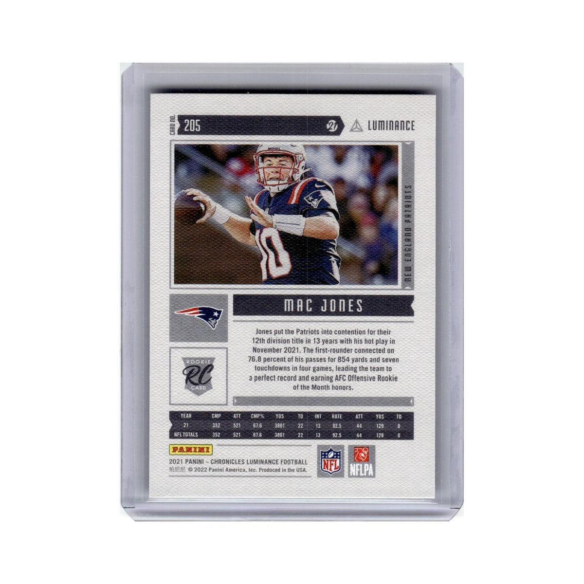 Mac Jones Rookie 2021 Panini Chronicles Luminance #205 New England Patriots NM