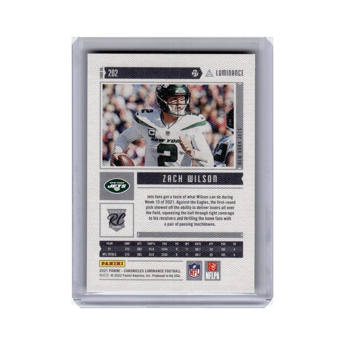 Zach Wilson Rookie 2021 Panini Chronicles #202 New York Jets Football Card NM