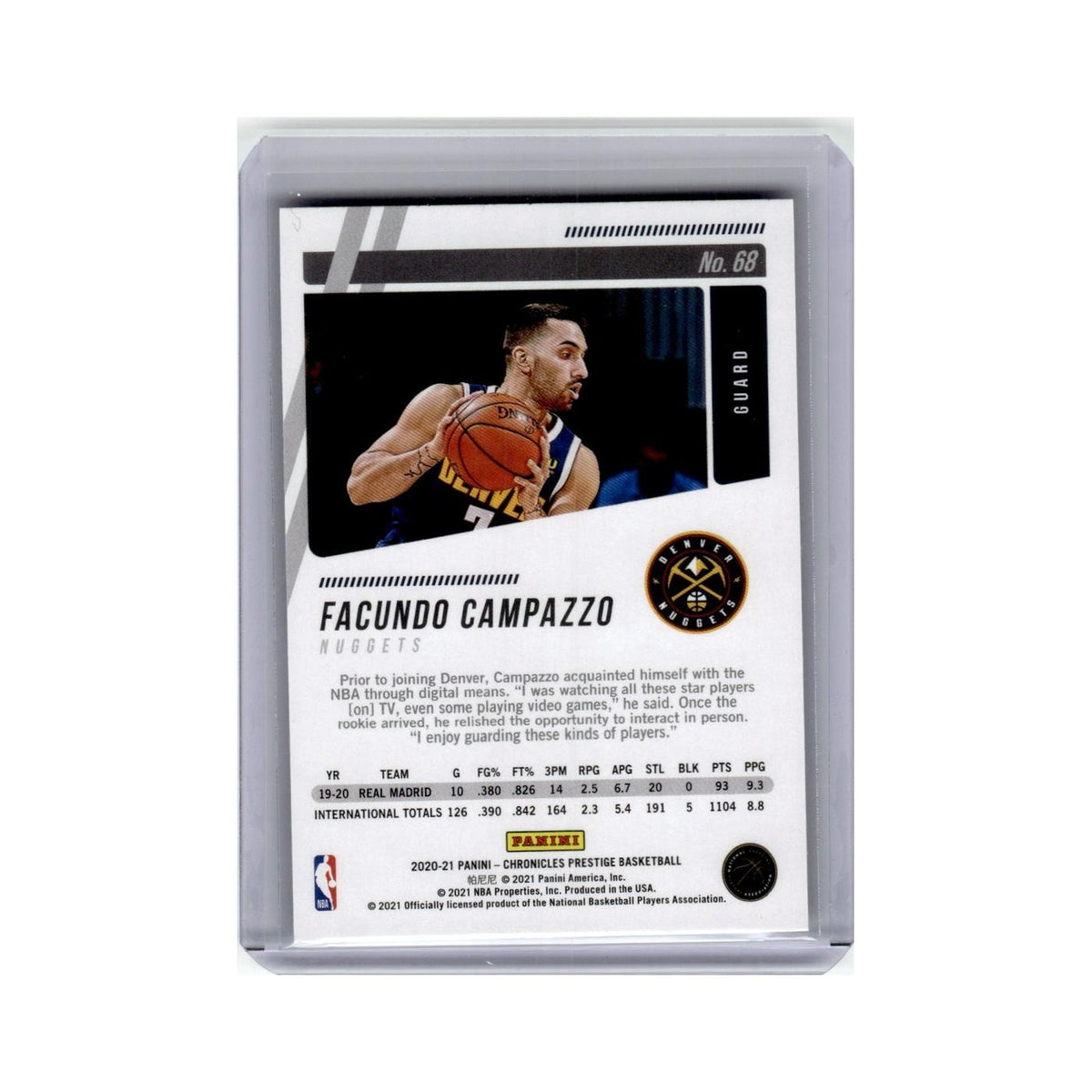 Facundo Campazzo Rookie 2020 Panini Chronicles Prestige #68 Denver Nuggets NM