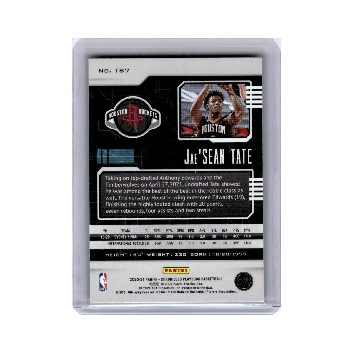 Jae'Sean Tate Rookie 2020 Panini Chronicles Playbook #187 Houston Rockets NM